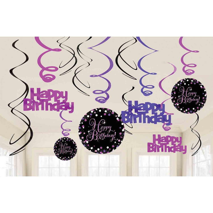 Pink Celebration Happy Birthday Swirls Pack of 12