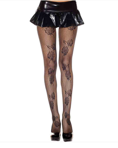 Rose Print Spandex Net Pantyhose