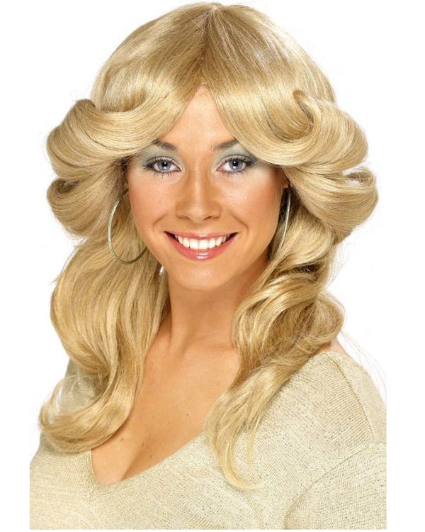 Image of blonde 70s Farrah Fawcett style wig. 