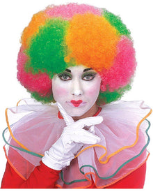 Image of woman wearing clown costume and multicoloured clown afro wig.