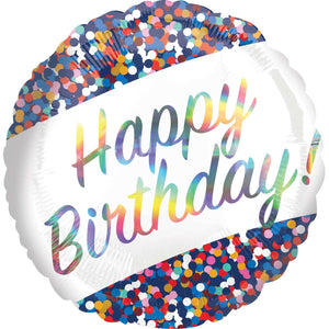 45cm Standard Holographic Iridescent Happy Birthday Confetti Balloon