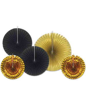Black and Gold Assorted Paper Foil Fans Pack of 5