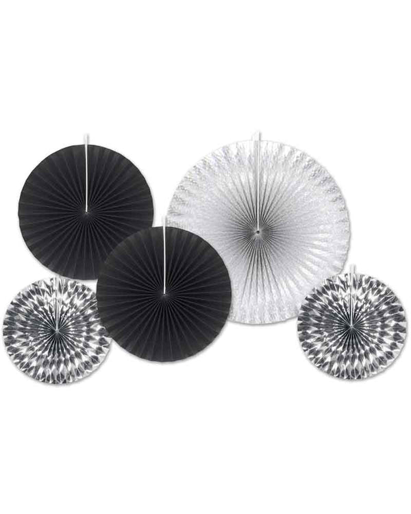 Black and Silver Paper Foil Fans Pack of 5