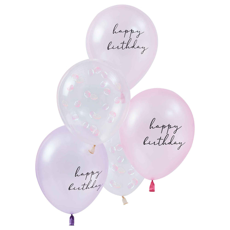 Mermaid Balloon Bundle Shell Confetti & Happy Birthday Printed Chrome Balloons with Tissue Tassel Tails Pink & Lilac Pack of 5