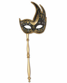 Gold and Black Glittered Mask with Attached Stick