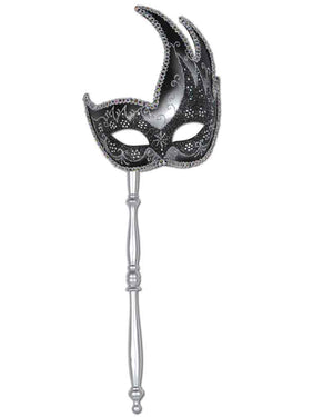 Silver and Black Glittered Mask with Attached Stick