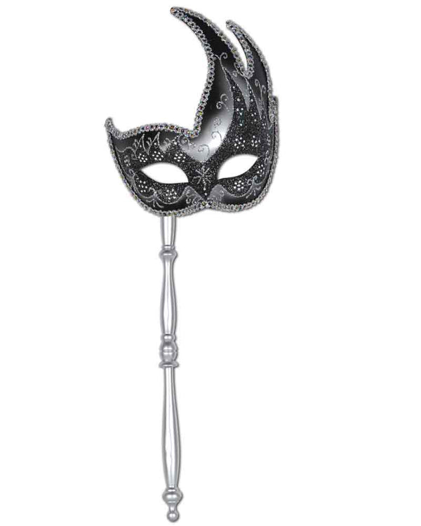 Silver and Black Glittered Mask with Attached Stick