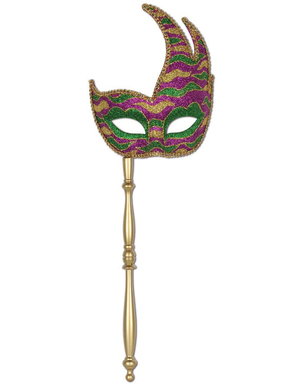 Mardi Gras Feathers Glittered Masquerade Mask with Attached Stick