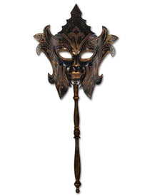 Black and Gold Glittered Masquerade Mask with Attached Stick
