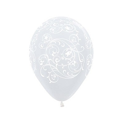 Sempertex 30cm Filigree Satin Pearl White Latex Balloons 12PK Pack of 12