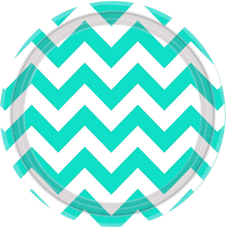 Robins Egg Blue Chevron 17cm Round Paper Plates Pack of 8