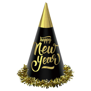 Happy New Year Black & Gold Foil Cone Hats
