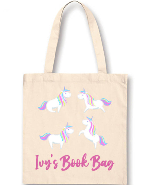 Four Pastel Unicorns Personalised Library Bag