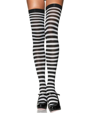 Black and White Striped Thigh High Stockings