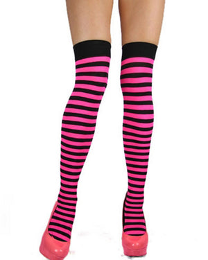 Black and Neon Pink Striped Thigh High Stockings