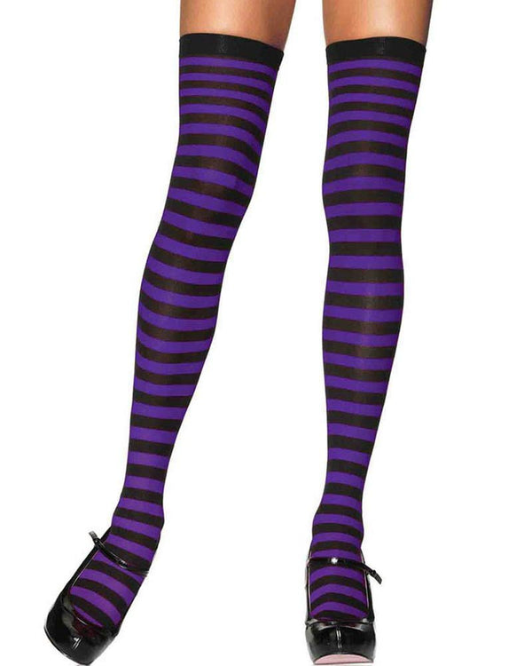 Black and Purple Stripe Nylon Thigh Highs