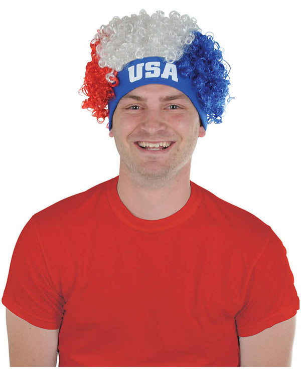 USA Red White and Blue Curly Wig with Sweatband