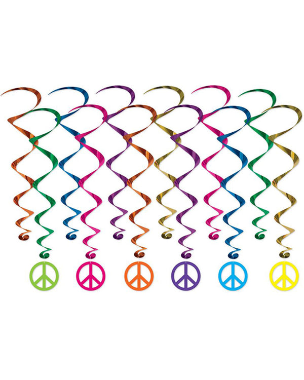 60s Peace Sign Hanging Swirl Decorations Pack of 12 81cm