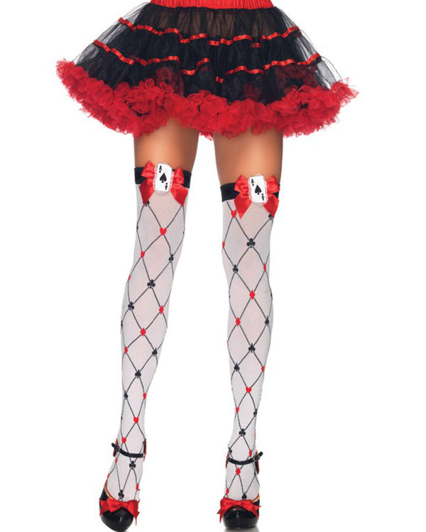 Diamond Card Thigh High Stockings with Bow and Card Charm Applique