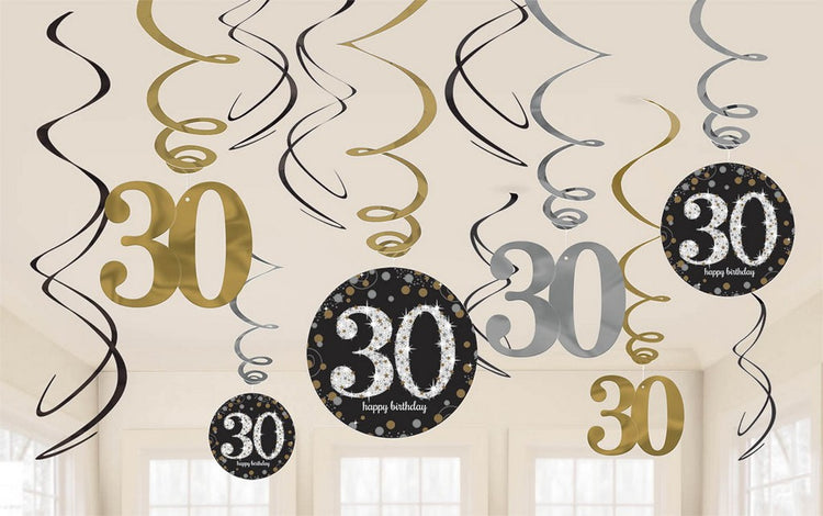 30th Sparkling Celebration Hanging Swirl Decorations Pack of 12