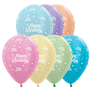 Sempertex 30cm Happy Birthday Twinkling Stars Satin Pearl Assorted Latex Balloons 25PK Pack of 25