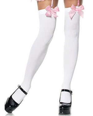 White Opaque Thigh Highs with Pink Satin Bow