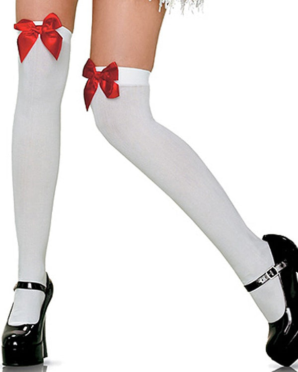 White Opaque Thigh High Stockings with Red Satin Bow