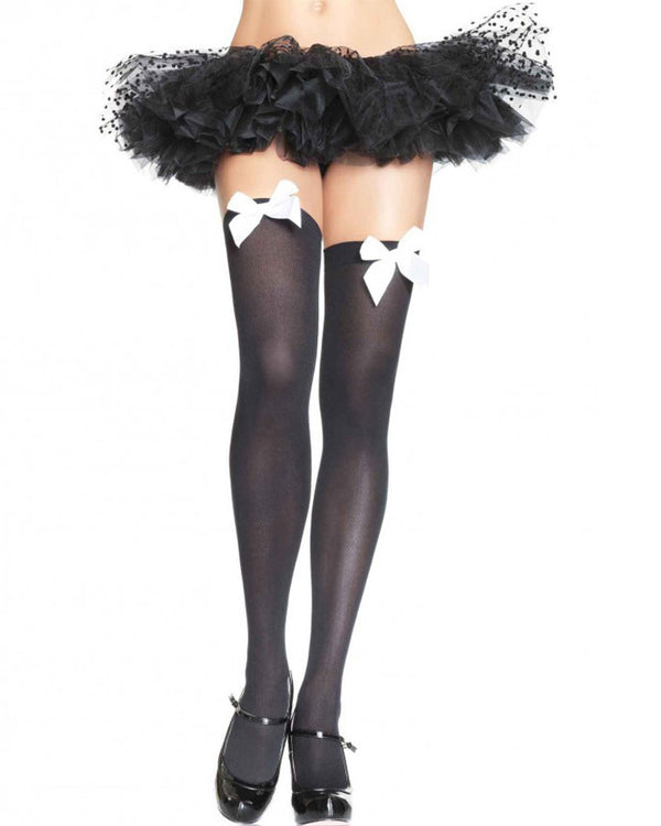 Black Opaque Thigh High Stockings with White Satin Bow