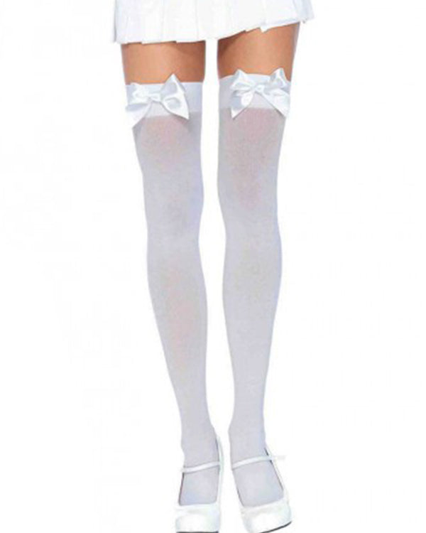 White Opaque Thigh Highs with Satin Bow Plus Size
