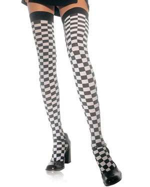 Black and White Checkerboard Thigh High Stockings