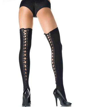 Black Lace Up Back Thigh High Stay Ups