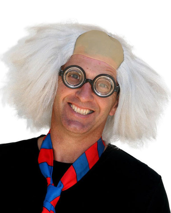 Image of man wearing black shirt, glasses and white mad scientist wig.