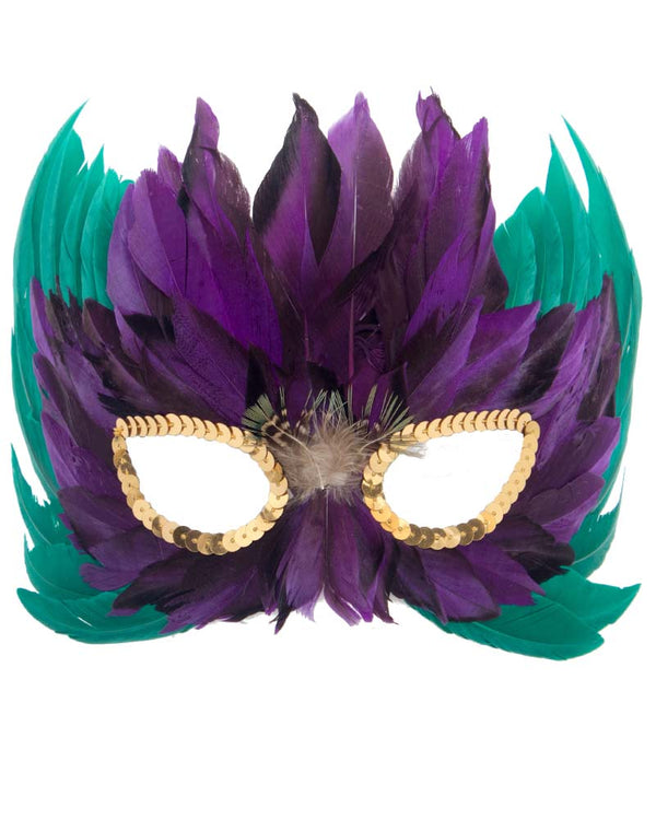 Purple and Green Feather Masquerade Mask