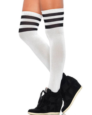 Athletic White with Black Stripes Thigh High Socks
