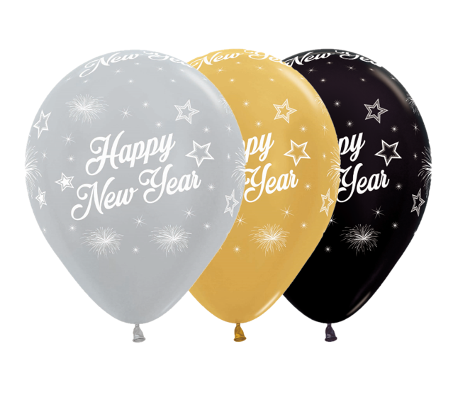 Sempertex 30cm Happy New Year Stars Metallic Silver Gold & Black Latex Balloons 12PK Pack of 12