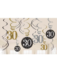 30th Sparkling Celebration Hanging Swirl Decorations Pack of 12