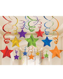 Rainbow Foil Shooting Stars Hanging Swirl Decorations Mega Pack of 30