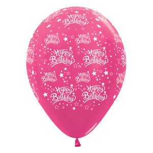 Sempertex 30cm Happy Birthday Stars Metallic Fuchsia Latex Balloons 6PK Pack of 6