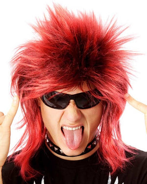 Image of man wearing red and black mullet.