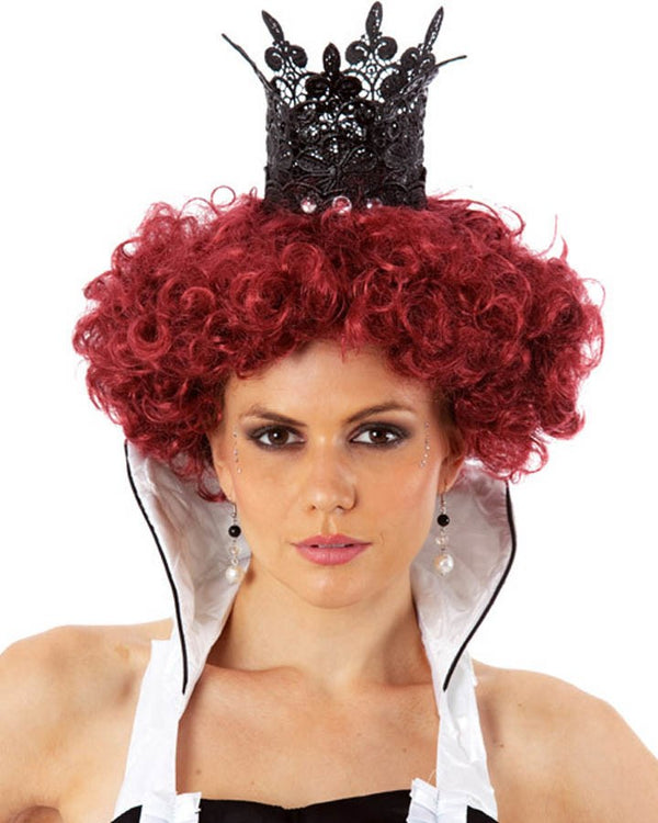 Image of woman wearing shirt red curly Queen of Heart wig with black lace crown.
