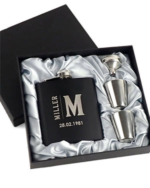 Monogram Personalised Engraved 175ml Black Hip Flask Set in Gift Box