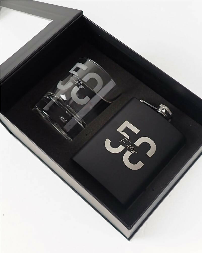 50th Birthday Engraved Black Hip Flask and Round Scotch Glass Set