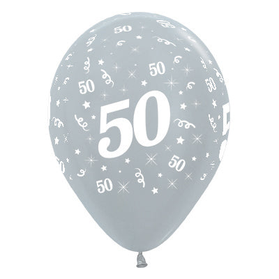 Sempertex 30cm Age 50 Satin Pearl Silver Latex Balloons 6PK Pack of 6