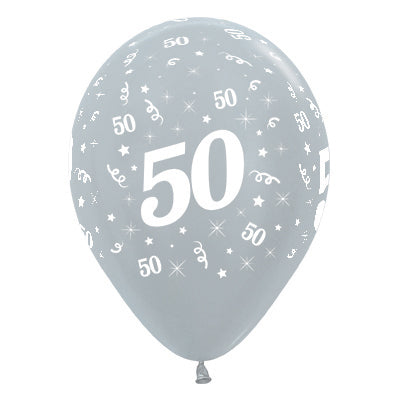Sempertex 30cm Age 50 Satin Pearl Silver Latex Balloons, 6PK Pack of 6