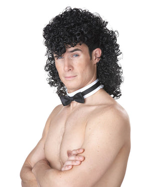 Long Curly Mullet Black Wig with Collar and Tie