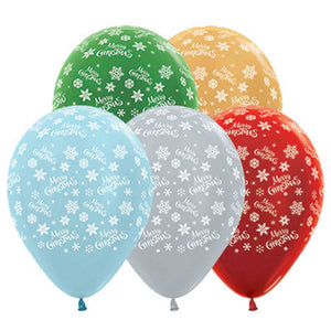 Sempertex 30cm Merry Christmas Snowflakes Satin Pearl & Metallic Assorted Latex Balloons, 25PK Pack of 25