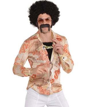 70s Disco Curly Black Wig Sideburns Moustache and Chest Hair Set