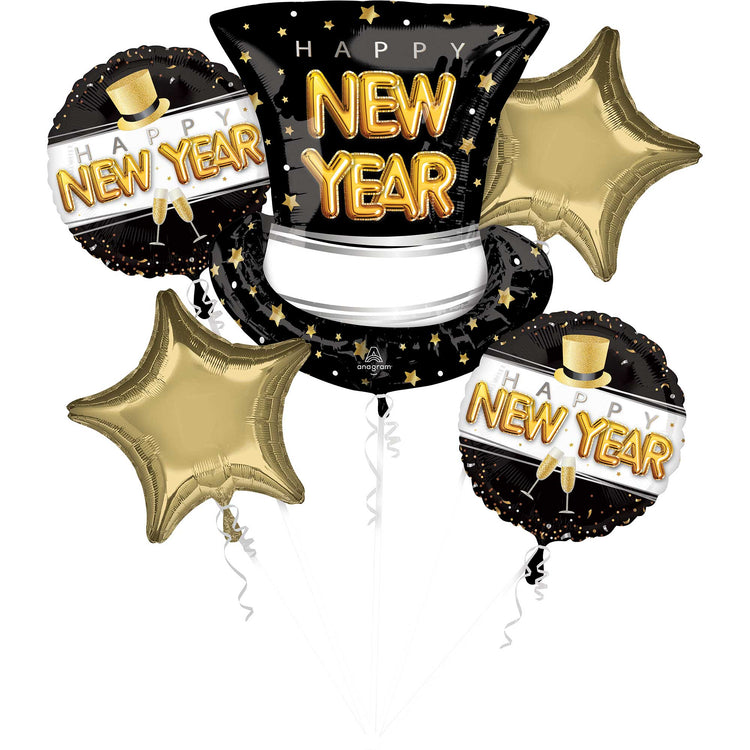 Happy New Year Pop Clink Cheers Foil Balloon Bouquet Pack of 5