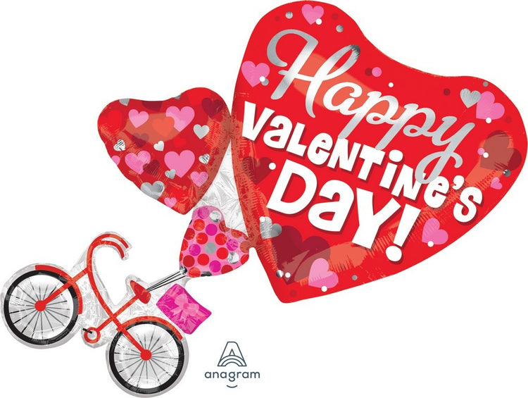 SuperShape Happy Valentines Day Bike and Hearts 76cm Foil Balloon