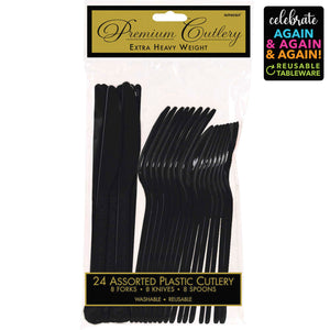 Premium Cutlery Set 24 Pack Jet Black - Extra Heavy Weight Pack of 24